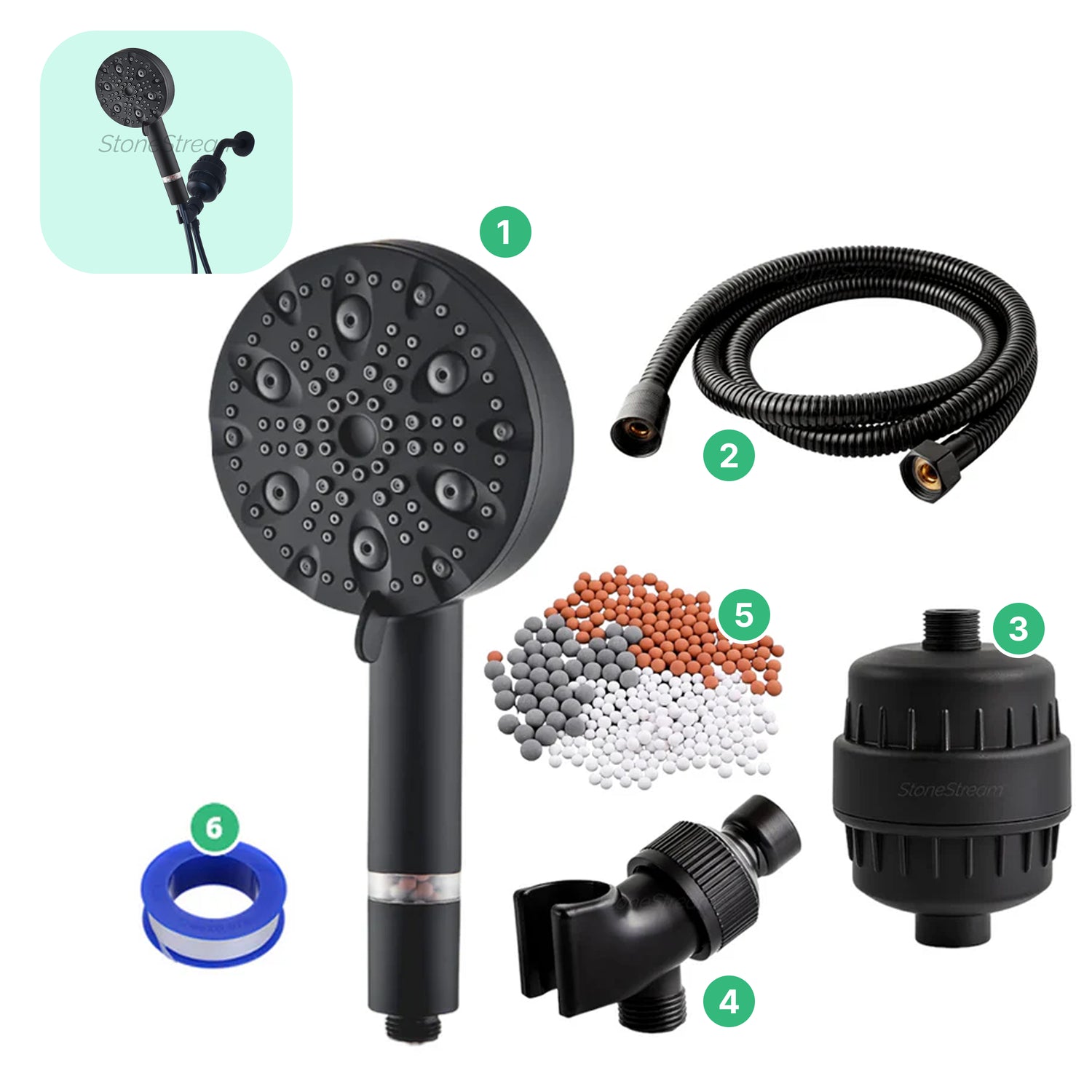 9-Mode Luxury Black Shower Head with Hard Water Filtration Kit