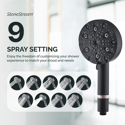 EcoLux 9-mode Black Stainless Steel Shower Head + Wall Adapter Kit