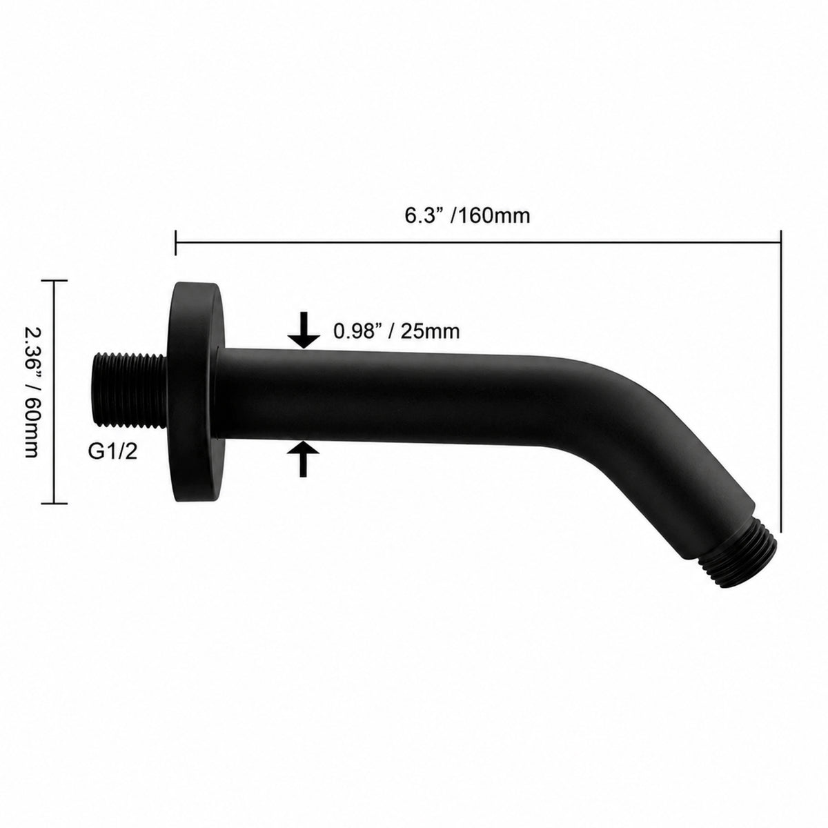 Douchearm voor Wandmontage - Mat Zwart - 1/2 inch aansluiting